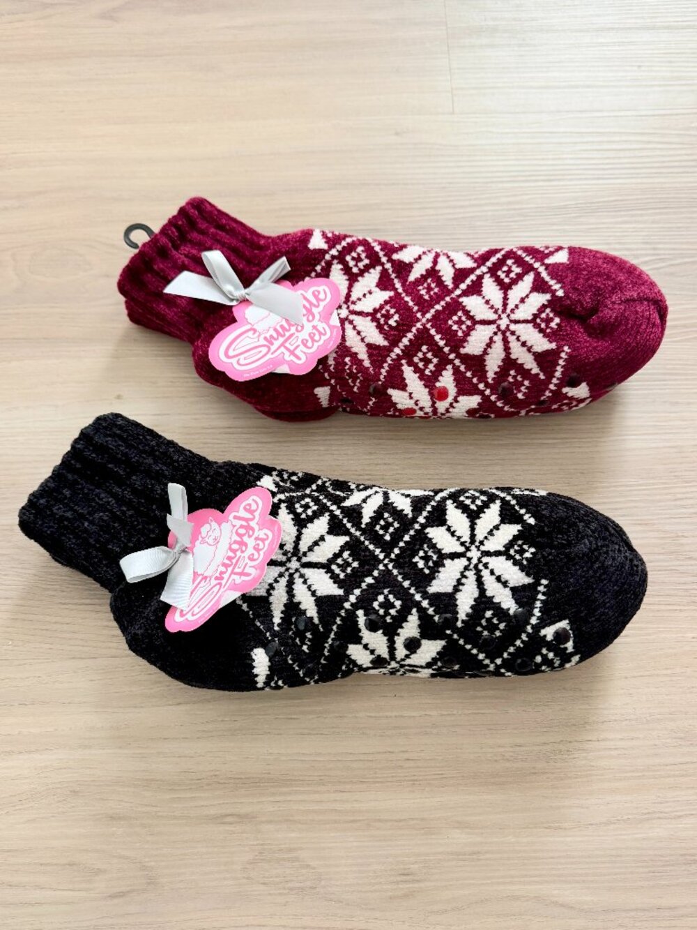 2 Pairs Set Burgundy/Black Snuggle Feet Slipper Cozy Winter Socks
